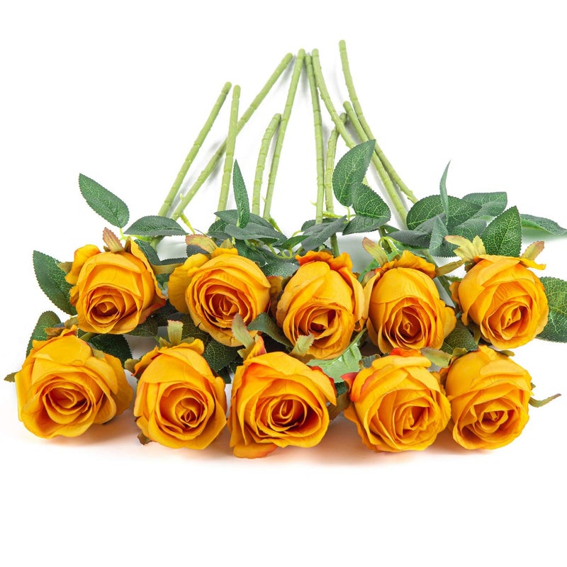 Flojery 10pcs Artificial Rose Flowers Long Stem Fake Silk Roses for DIY Wedding Bouquet Table Centerpiece Home Decor (Orange) - Image 3